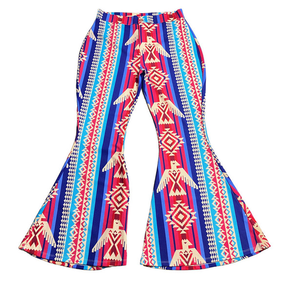 L&B  Aztec Print Extreme Flares Wide Leg Stripes Blue Red Cream Eagle XLARGE - Picture 1 of 7